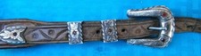 Vintage Tooled Leather Belt 4 Pc. Ranger Set Stamped Sterling 10K Red Stones