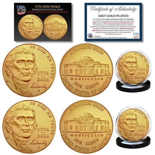 2026 P&D MINT 24K GOLD Plated Jefferson Liberty Nickel 2-Coin Set BU America 250