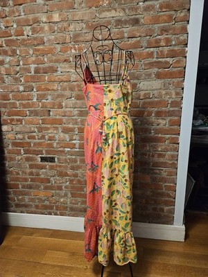 FARM RIO YELLOW & ORANGE COTTON WRAP DRESS WITH RUFFLED SIDE & BEADED TIES
