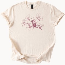 Beetle Floral Graphic Shirt Nature Inspired Cherry Blossom and Insect Drawing Te
