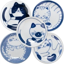 Dessert Sushi Soy Sauce Salad Small Plate Set Ceramic Cats Design Set of 5 Ma...
