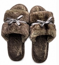 Isotoner Women  s Slippers 8.5-9 Brown Faux Fur Open Toe Slides Bow w Bag