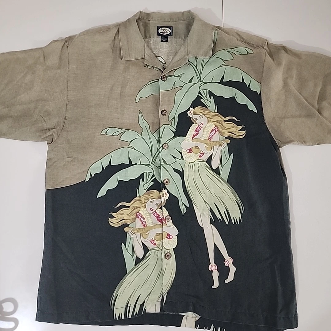 Tommy Bahama Hawaiian Shirt XL 100% Linen Hula Girl Loop Collar Resort (Q6)