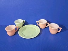 VINTAGE HAZEL ATLAS MILK GLASS 5pc LITTLE HOSTESS TEA SET PASTEL PINK  GREEN