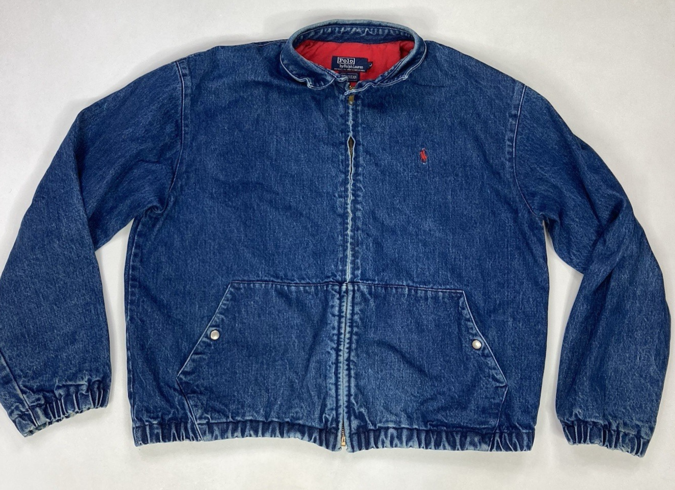 VINTAGE Polo Ralph Lauren denim jeans giacca uomo grande blu pony rosso USA anni 80 90