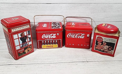 Coca-Cola Collectables Mixed Lot of 4 Tins Telephone Booth ,2 w/Handles,Canister