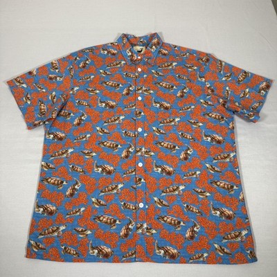 Yiume Shirt Mens Large Blue Orange Button Up Hawaiian Turtle Floral Davids Wear