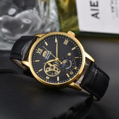 Sun & Moon Semi Skeleton Automatic Watch Men's Strap Luxury Gift