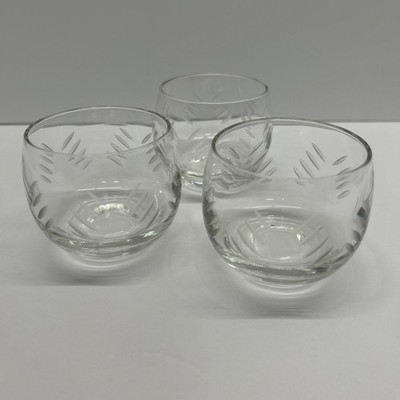 3 Etched Roly Poly Glasses Whiskey Cordial Cocktail Juice 2 1/4''