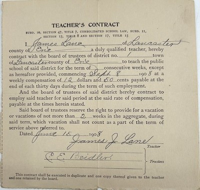 1908 Original Teacher's Contract - Hand Written Epherema - 6''x 6''
