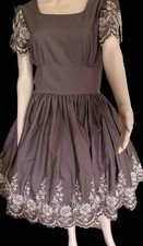 VTG Hand Made Square Dance Dress SZ Small Embroidered Full Skirt Brown  Ivory