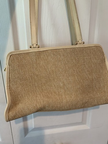 Etienne Aigner Woven Beige Handbag Jute And Tan Faux Leather - Picture 6 of 9