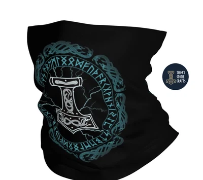 THOR'S STONE CRAFTS Viking Thor Hammer Mjolnir Runes Neck Tube Snood Scarf Face Mask Bandana Biker
