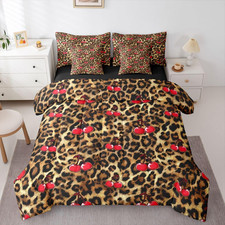Cherry Leopard Print Bed in a Bag 7 Pcs Elegant Red Cherry Cheetah Comforter Set
