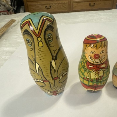 Vintage Authentic Models Nesting Dolls Set Of 5 Circus? Elephant Clown Girl Etc