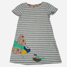 Mini Boden Bird Applique Dress Girls Size 6-7Y Gray White Stripe Short Sleeve