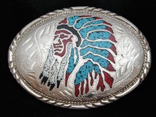 PB11172 VINTAGE 1970s INDIAN CHIEF W/ HEADDRESS SOUTHWESTERN DESIGN BUCKLE
