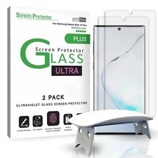amFilm Galaxy Note 10 Plus Tempered Glass Screen Protector UV Install - 2 Pack 