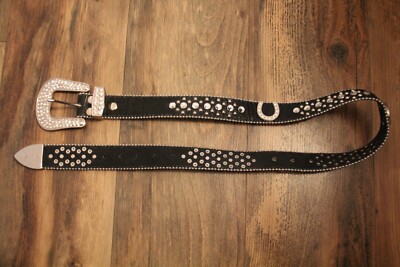 Black Horseshoe Bling Western Belt With Silver Rhinestones  display picture 1