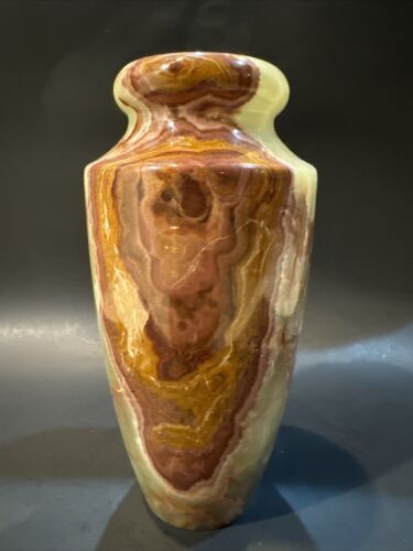 Vintage Carved Marbled Green And Rust Onyx Stone 8" Vase Made in Pakistan HEAVY