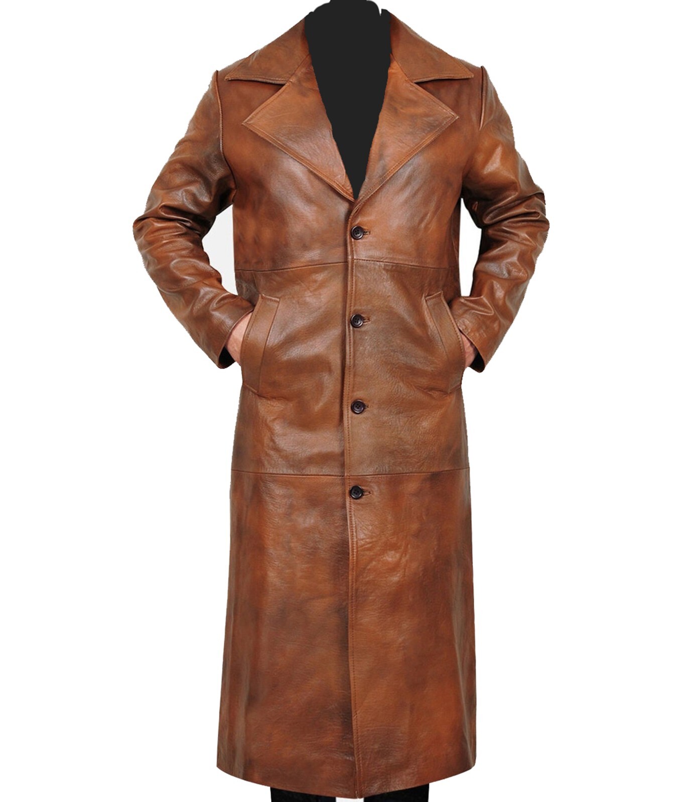Mens Vintage Distressed Leather Trench Coat Long Duster Jacket-image