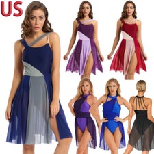 Women Lyrical Dance Dress Color Block Mesh Ballet Leotard Ballerina Dancewear