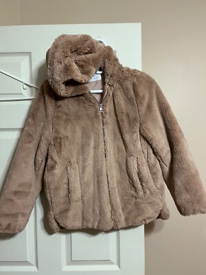 ZARA Faux Fur Coat Girls Fuzzy Hooded Zip Up Pocket Warm Pale Brown Size  13-14