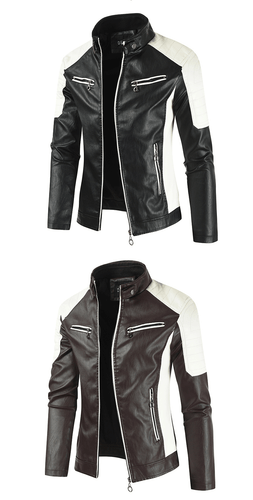 New men's standing collar color matching zippered cardigan leather jacket - Picture 10 of 20