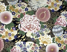 Chrysanthemums fabric, Japanese Oriental, floral black gold pink, chinese cotton
