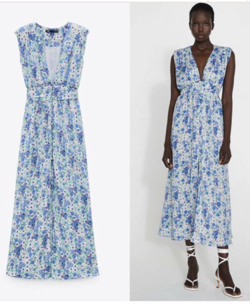 zara blue and green floral dress NWT New maxi Fits US Sz M/Medium creating an oh