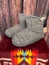 New Women's GREY KNIT ANKLE BOOT SLIPPERS w/ Aztec design Hard sole 4 SIZES 