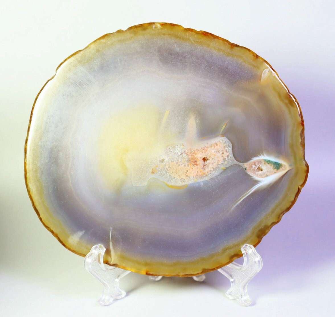 Natural Polished Agate Banded Slice Slab Quartz Crystal Specimen with Stand
