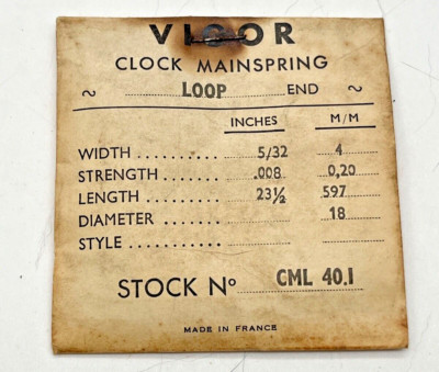 NOS Clock Mainspring CML-40.1, 5/32'' x .008'' x 23 1/2''  Loop End  (CM44)