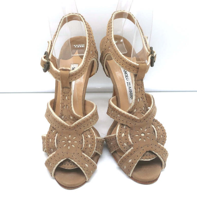 Manolo Blahnik Laser-Cut T-Strap Sandals Tan Nubuck Size 36 Open Toe Heels - Image 3 of 4