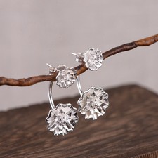 Real 925 Sterling Silver Stud Women Lucky Double Flower Dangle Earrings