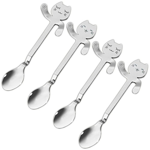 4x Kaffee Löffel Kätzchen Design Teelöffel Katze Kaffeelöffel Edelstahl Poliert - 第 1/3 張圖片