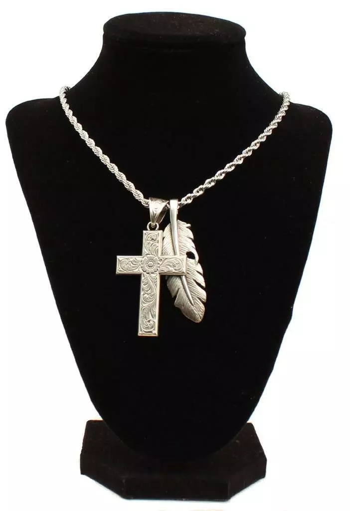 Twister Western Jewelry Mens Necklace Cross Feather Silver 32140