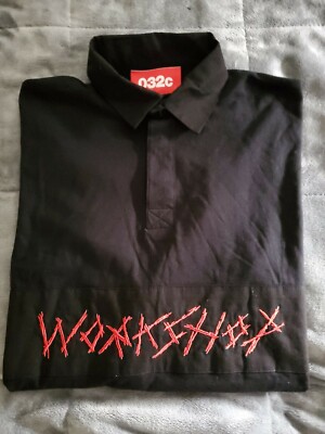 032c Workshop With Pin Midnight Black Long Sleeve Polo Shirt SZ Small 