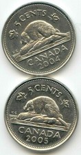 Canada 2004 and 2005 Canadian Five Cent Nickels 5c Exact Set - 2 Coins