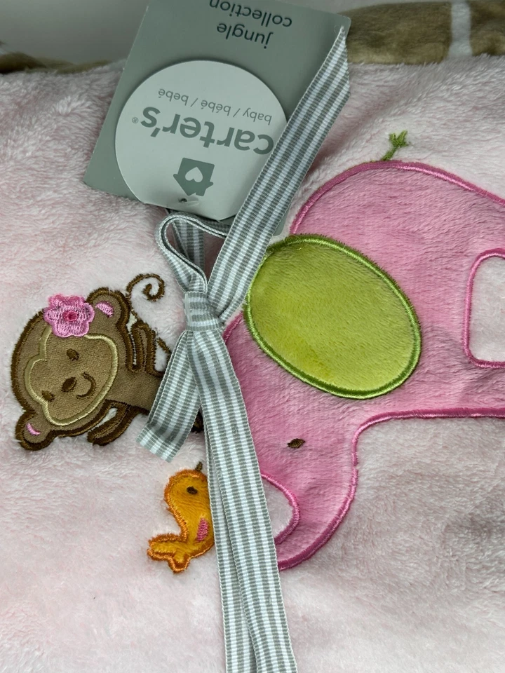 NWT Carters Jungle Jill Monkey Elephant Bird Giraffe Pink Brown Baby Blanket - Image 3 of 4