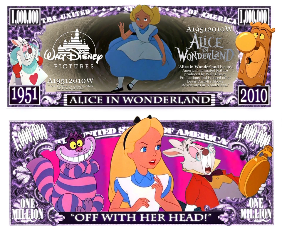 ALICE AU PAYS DES MERVEILLES BILLET MILLION DOLLAR US! Collection dessin Disney