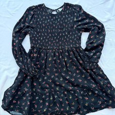 American Eagle  Size S Floral Black Mini A-line Dress Smocked Long Sleeve