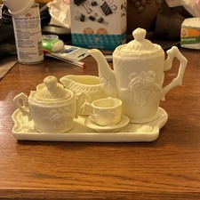 White Floral Ceramic Miniature Tea Set with Tray Teapot Cups Saucers