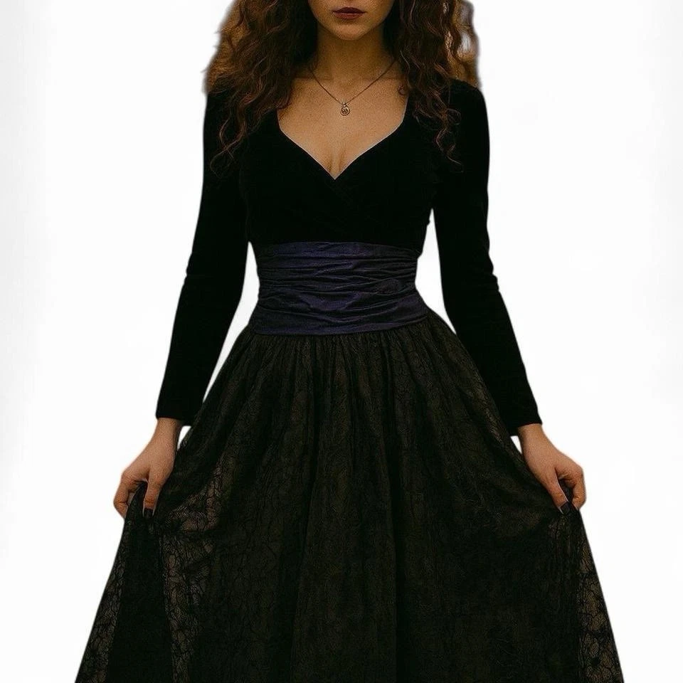 Tahari винтажный официальный мяч платье черный babydoll бархата лиф тюль юбка размер 6 - Изображение 2 из 4