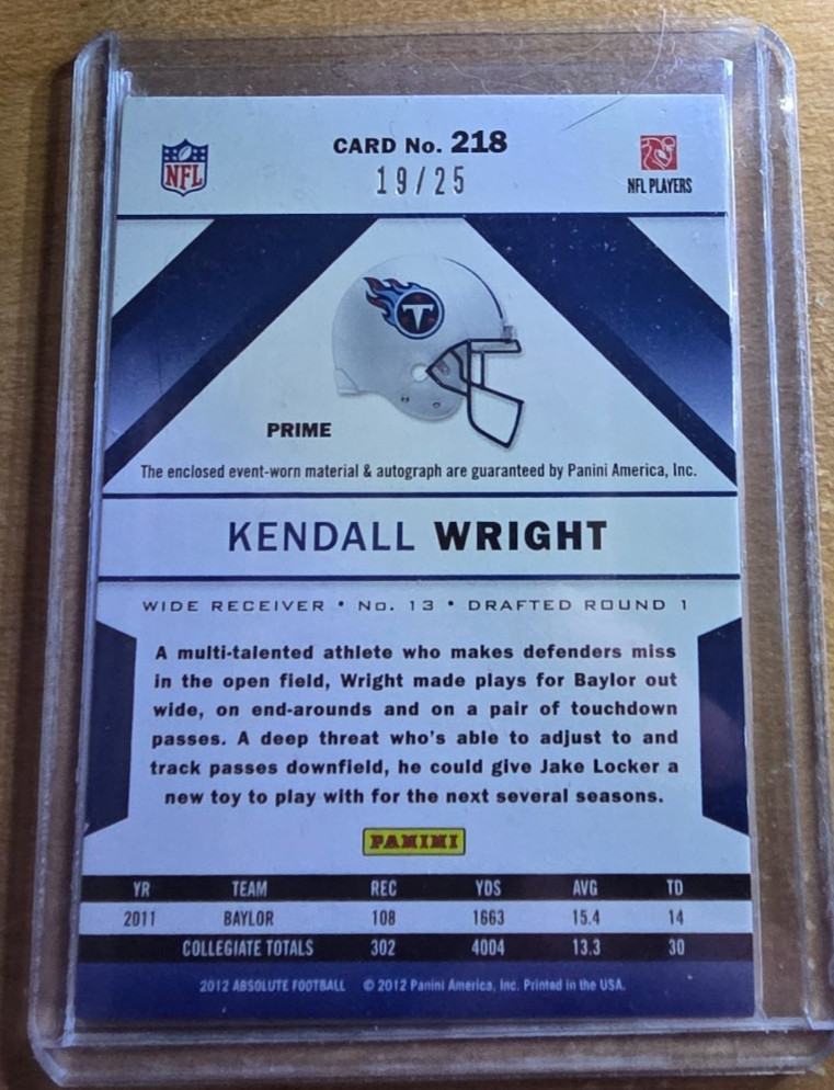 2012 Absolute AFC/NFC Prime patch 19/25 Kendall Wright Rookie Auto Titans view 2