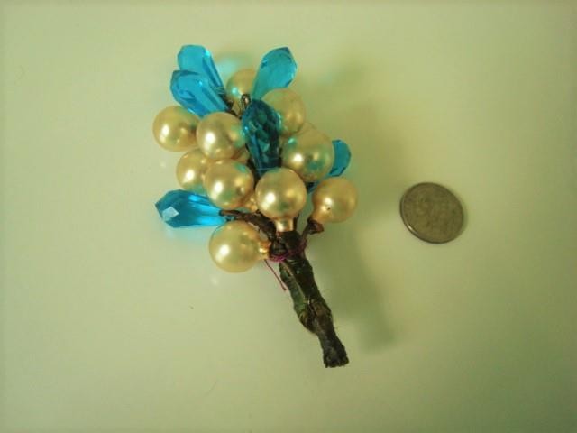Vintage Corsage Flower Pin Brooch Faceted Deep Aqua Glass Petals Faux Pearls KJ View 2