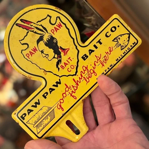 PAW PAW FISH BAIT CO. 1950s ORIGINAL AUTO TAG SIGN FRAME GAS OIL VINTAGE METAL