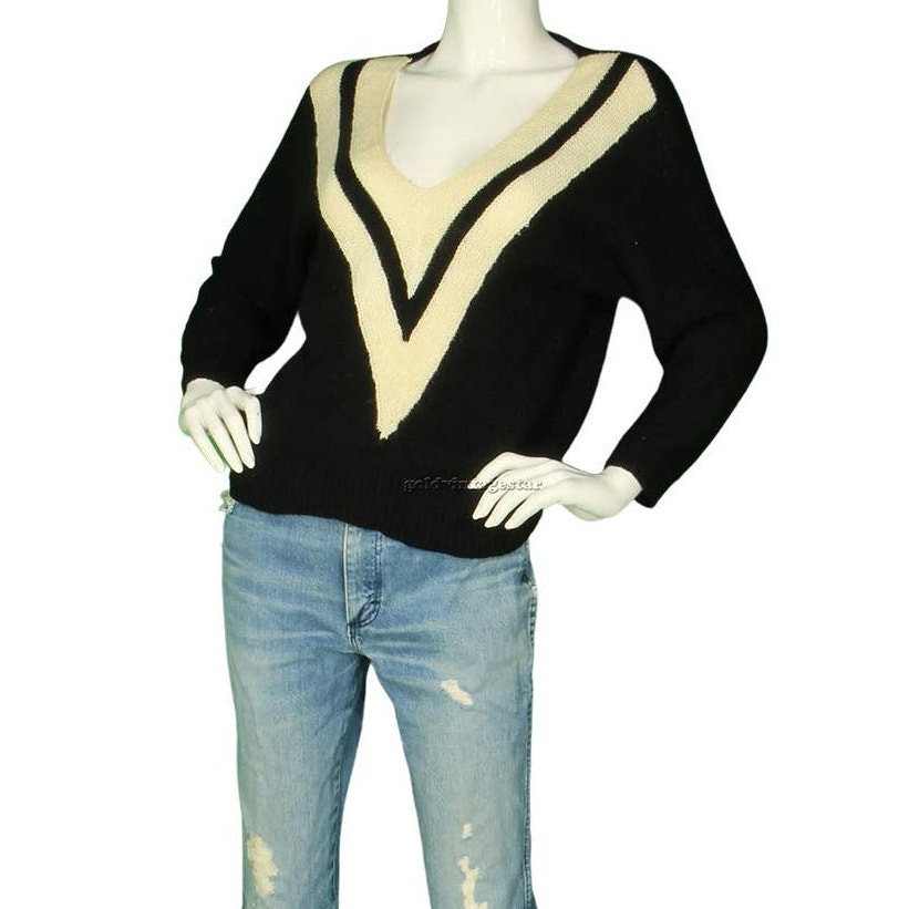 Vintage Chevron Black V Neck Pullover Knit Sweater S