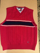 Vintage Tommy Hilfiger Mens Large V-Neck Cable Knit Vest - Red