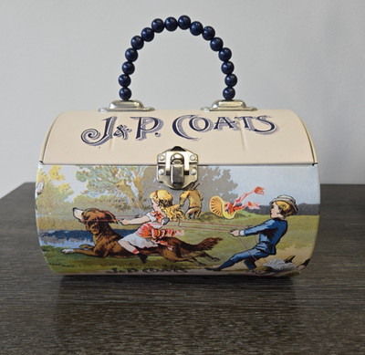 Vintage J&P Coats Tin With Beaded Handle Sewing Thread Storage